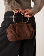 faux suede squiggle metal handle grab bag with detachable chain crossbody bag in chocolate