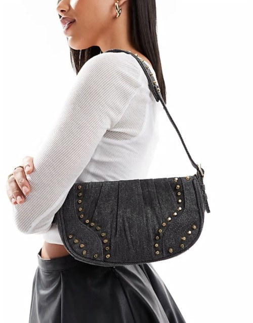 stud detail denim handbag in washed grey