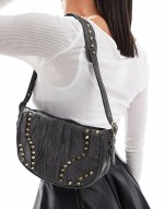 stud detail denim handbag in washed grey