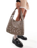 studded shoulder tote bag in washed grey