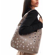 studded shoulder tote bag in washed grey