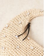 straw hand crochet scoop shoulder bag in natural with crystal detail
