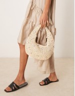 straw hand crochet scoop shoulder bag in natural with crystal detail