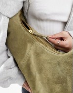 suede sling tote bag in khaki