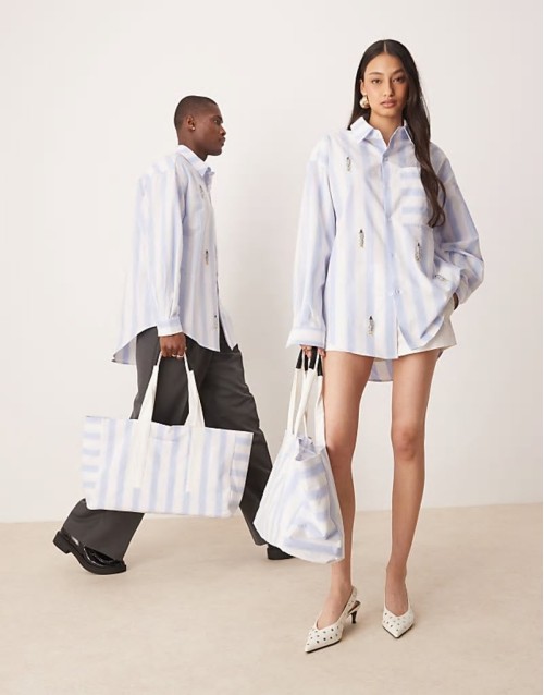 Unisex detachable fish brooch shirt and bag co-ord in blue stripe